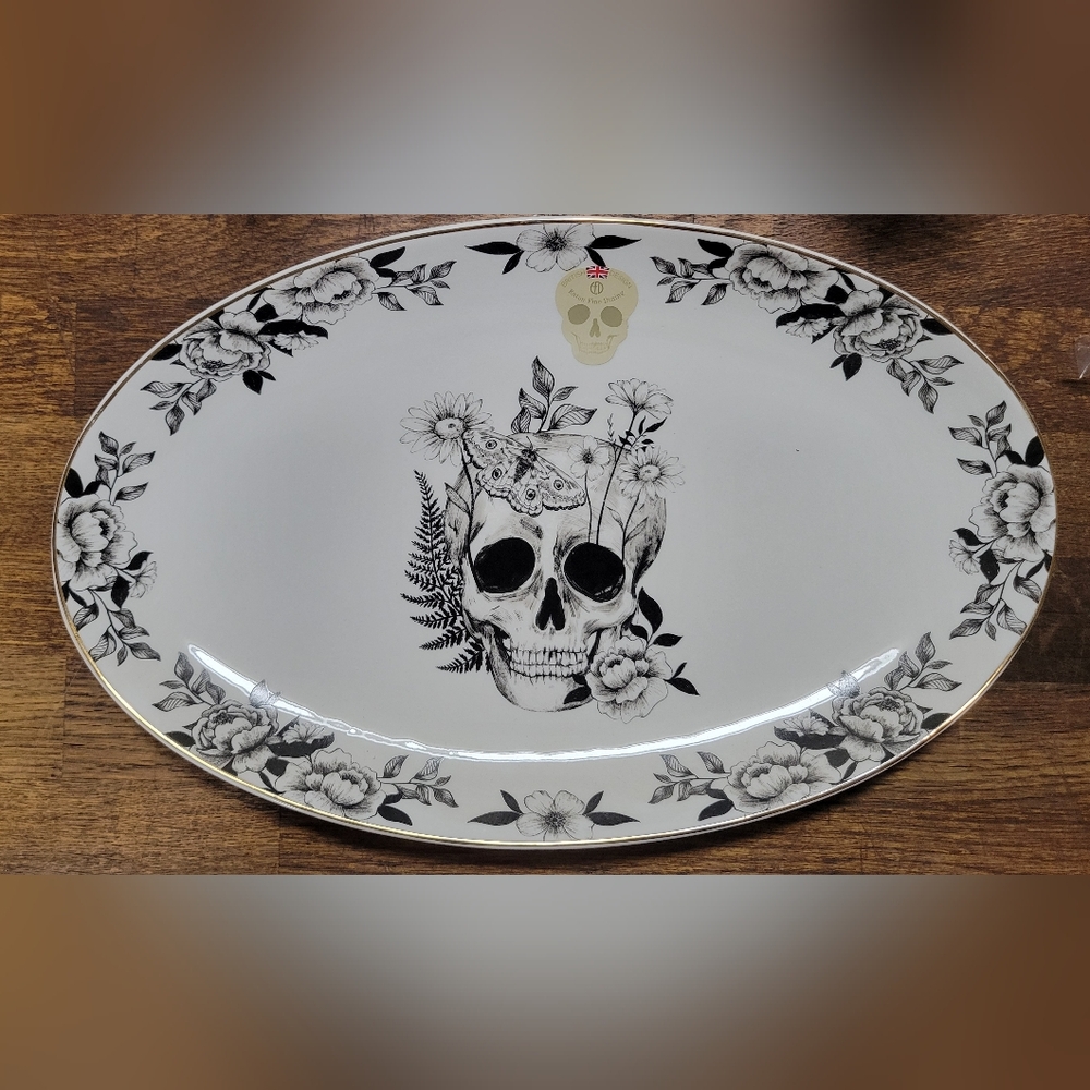 Gothic Floral Skull Oval Platter - Black and White, Gold Trim